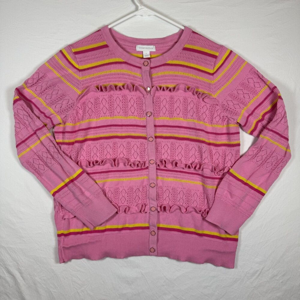 Charter Club Pink Striped Pointelle Cardigan Women's L Ruffle Trim